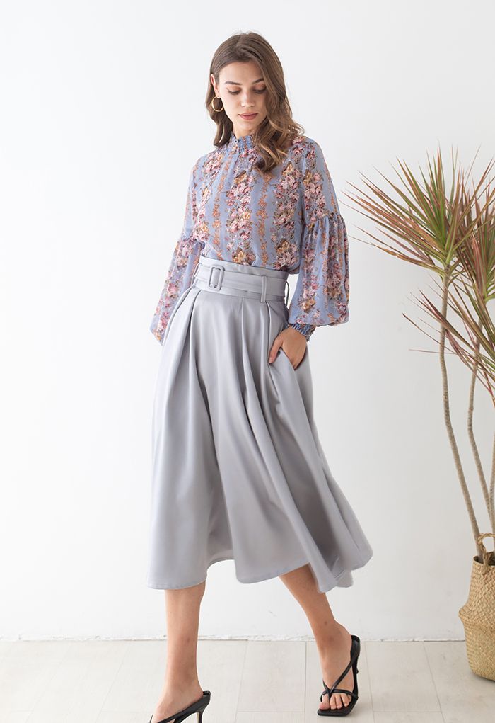 Belted Texture Flare Maxi Skirt in Grey