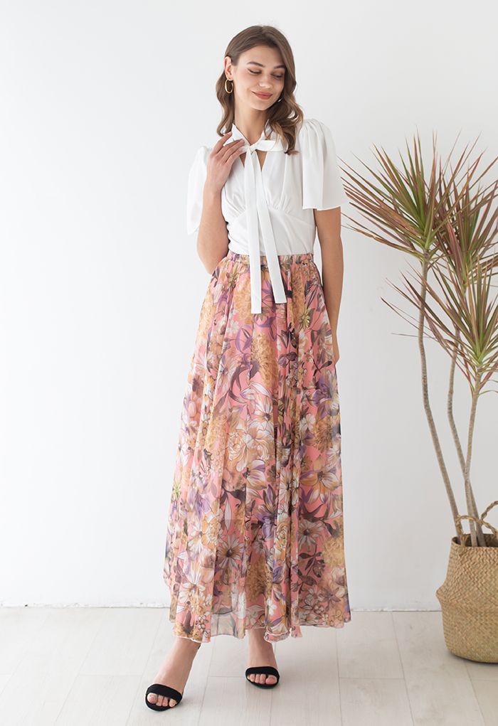 Hydrangea Watercolor Maxi Skirt in Mustard