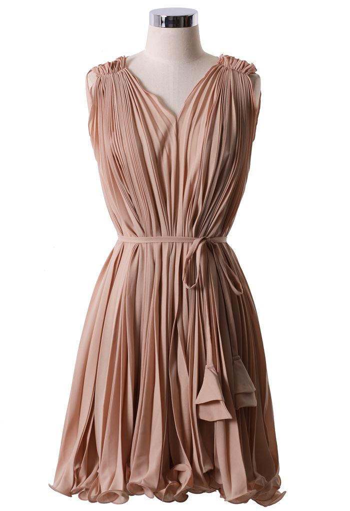 Peach Pleated Dress with Belt - Retro, Indie and Unique Fashion