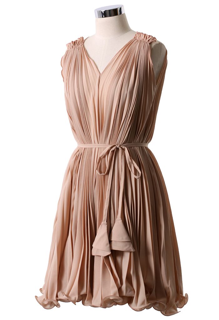 Peach Pleated Dress with Belt - Retro, Indie and Unique Fashion