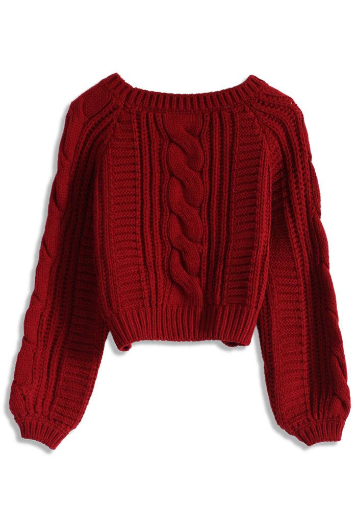 Cable Knit Crop Sweater in Wine - Retro, Indie and Unique Fashion