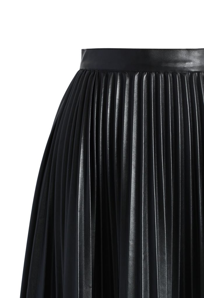 Pleated Faux Leather Midi Skirt in Black - Retro, Indie and Unique Fashion
