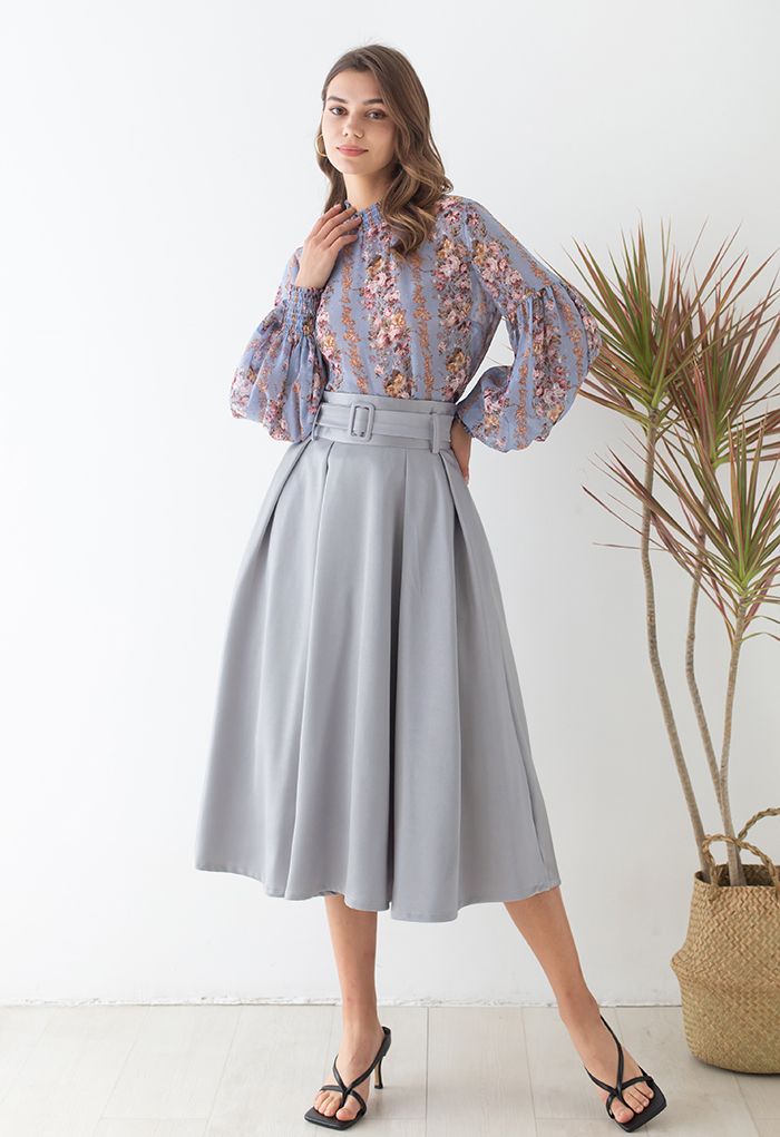 Belted Texture Flare Maxi Skirt in Grey