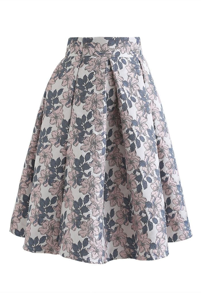 Bicolor Floral Embossed Jacquard Pleated Skirt