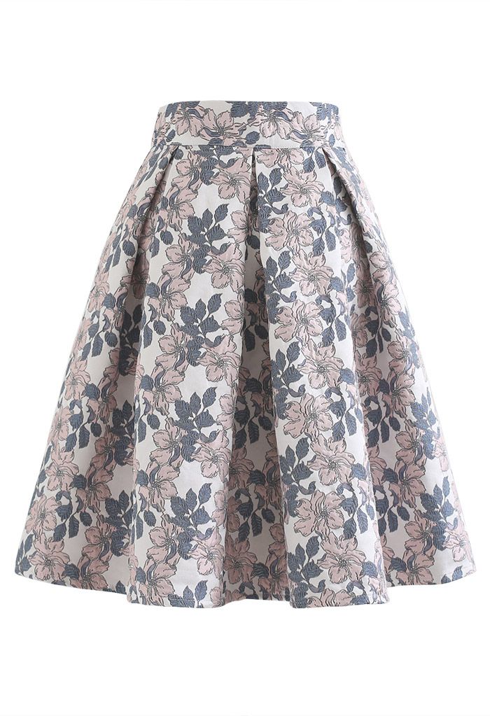 Bicolor Floral Embossed Jacquard Pleated Skirt