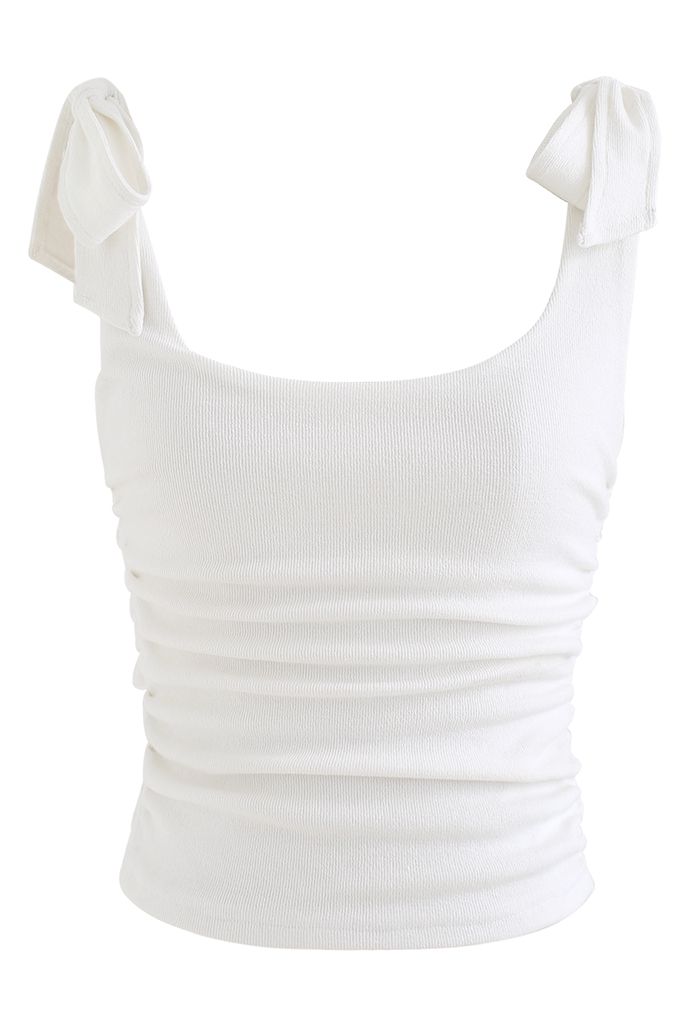 Chic Tie Strap Ruched Balconette Bustier Cropped Top - White