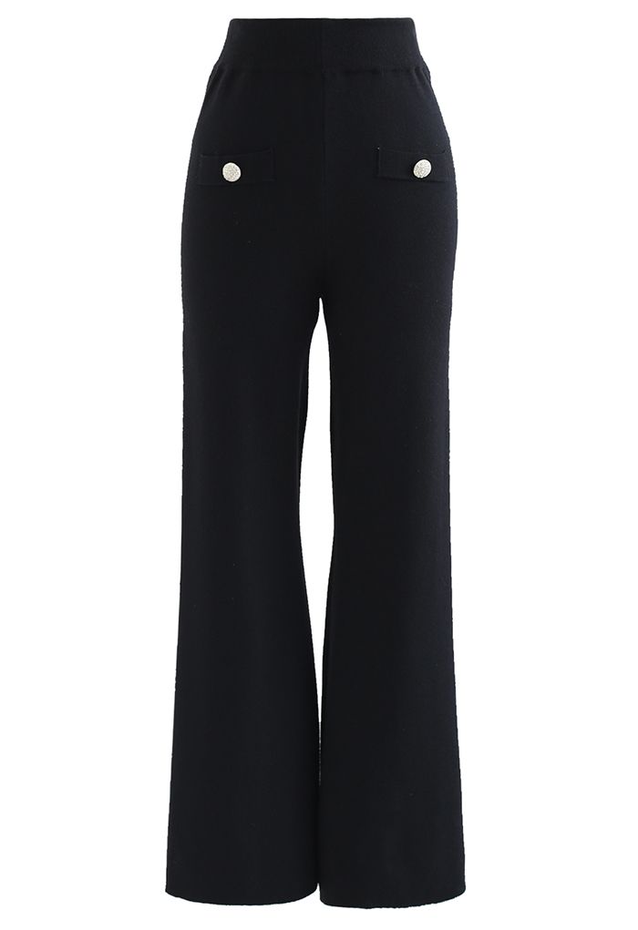 Straight Leg Buttoned Knit Pants in Black