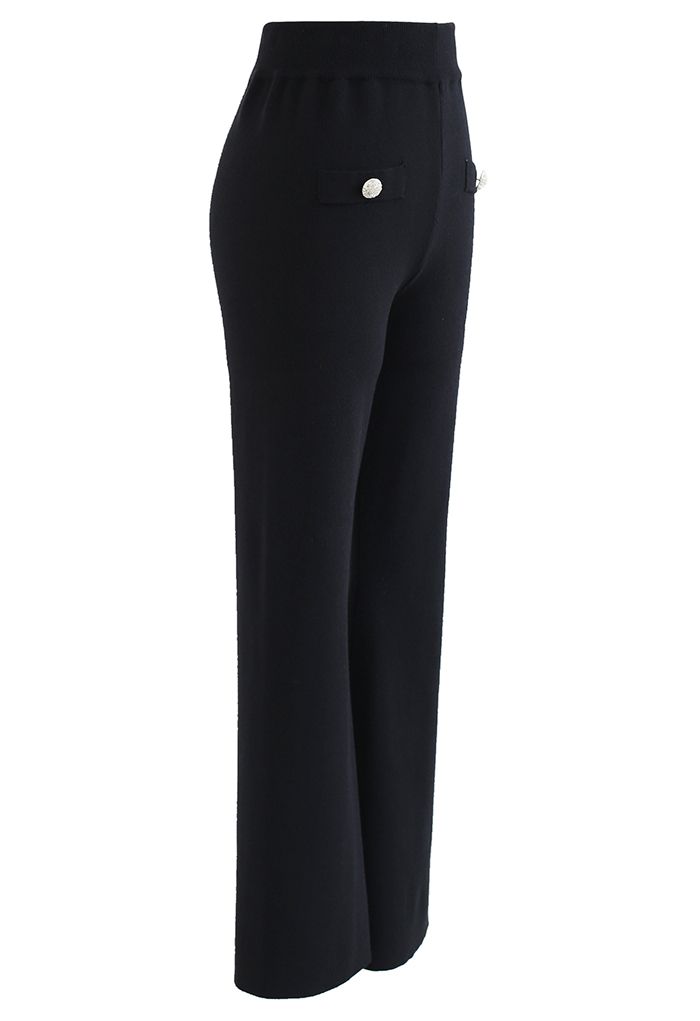 Straight Leg Buttoned Knit Pants in Black