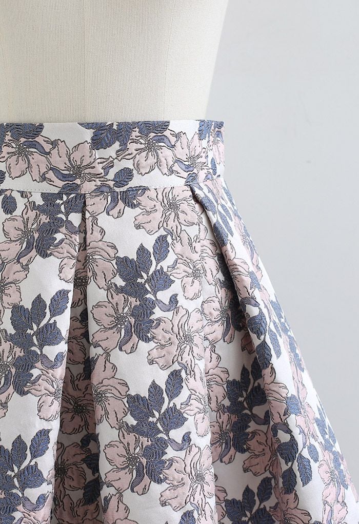 Bicolor Floral Embossed Jacquard Pleated Skirt