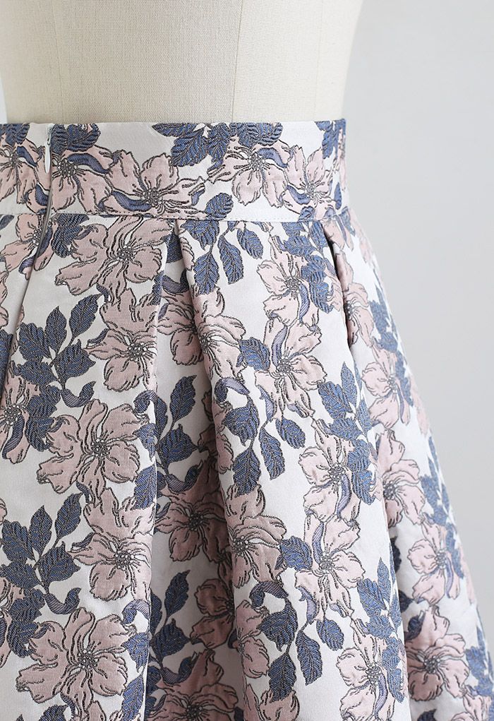 Bicolor Floral Embossed Jacquard Pleated Skirt