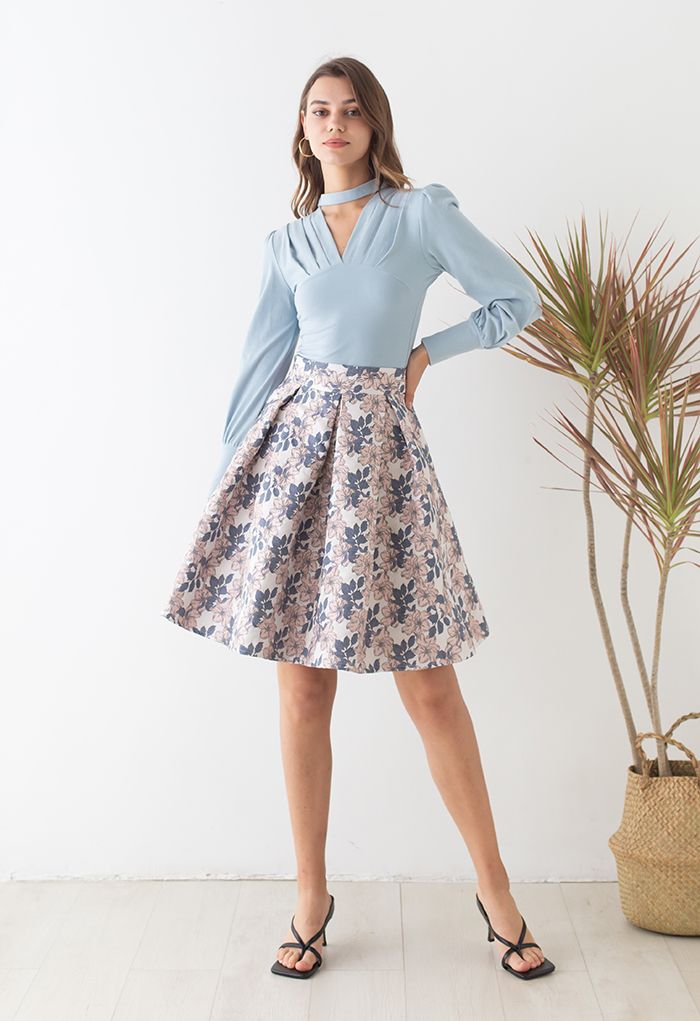 Bicolor Floral Embossed Jacquard Pleated Skirt