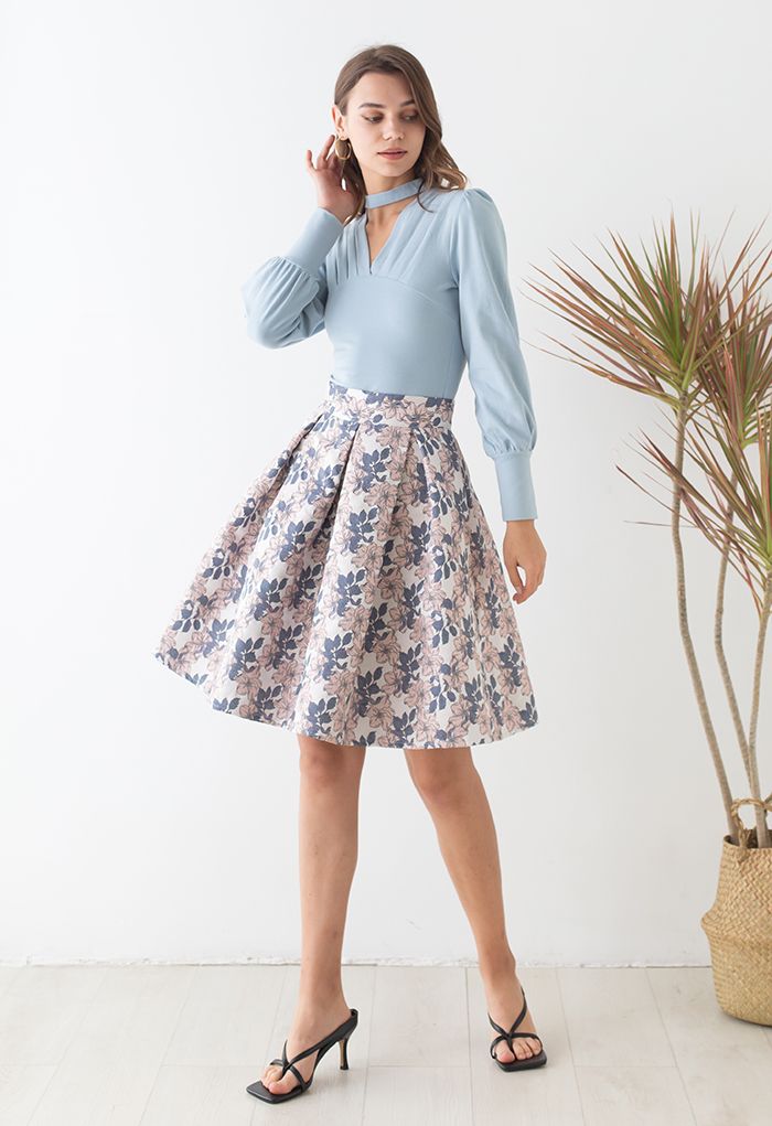 Bicolor Floral Embossed Jacquard Pleated Skirt