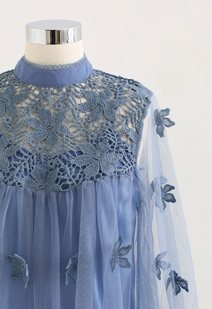 3D Crochet Flowers Mesh Dolly Top in Blue - Retro, Indie and Unique Fashion
