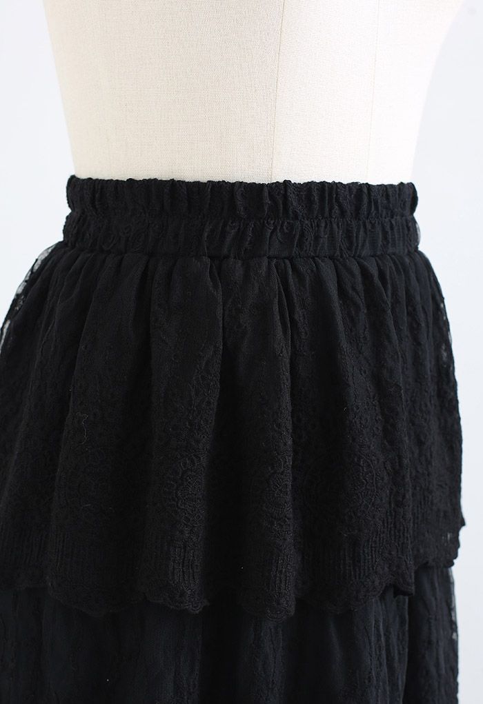 Tiered Mesh Embroidered Midi Skirt