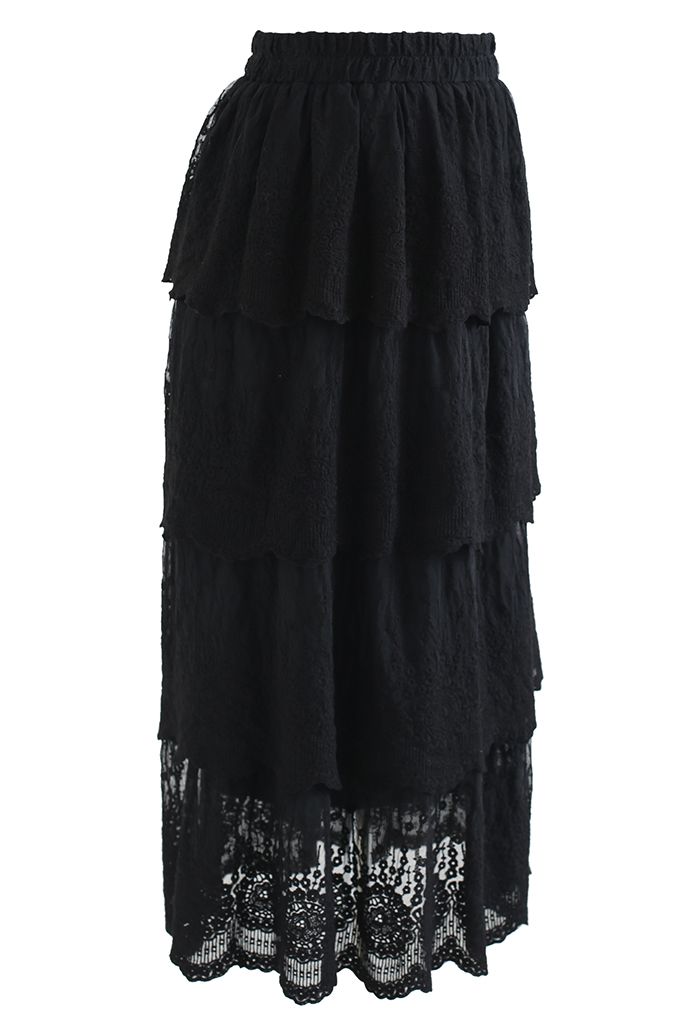 Tiered Mesh Embroidered Midi Skirt