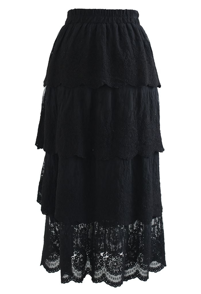 Tiered Mesh Embroidered Midi Skirt