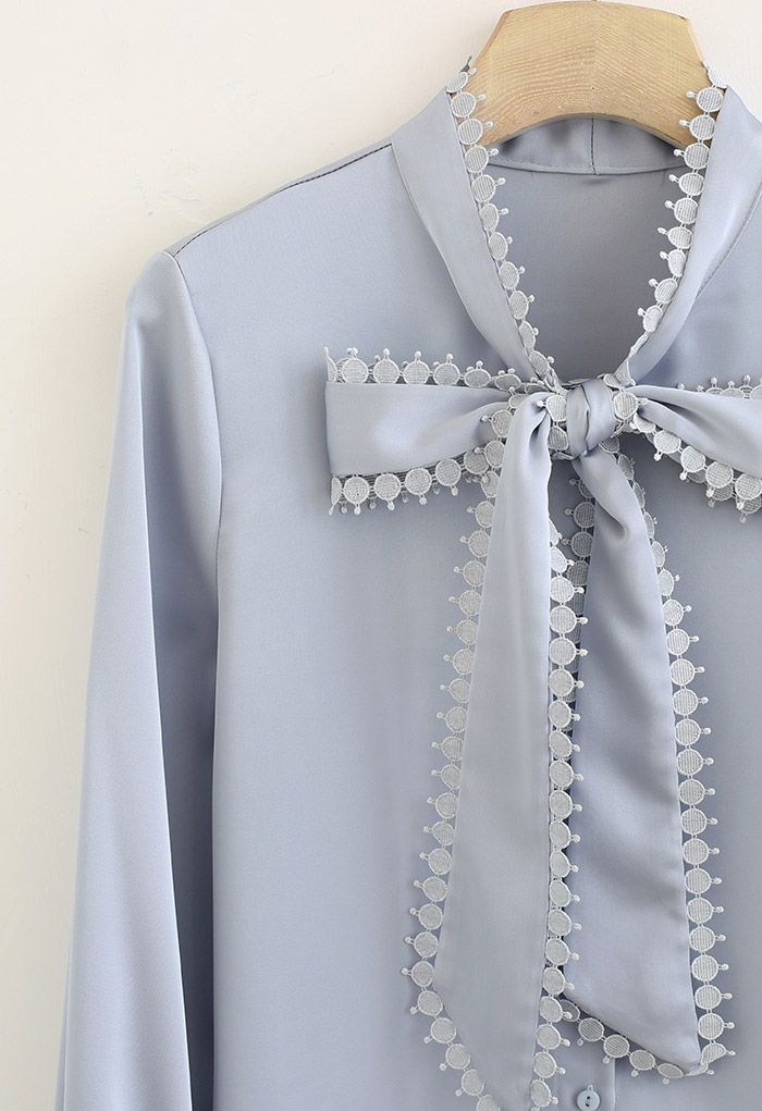 Crochet Edge Bowknot Satin Shirt in Dusty Blue - Retro, Indie and ...