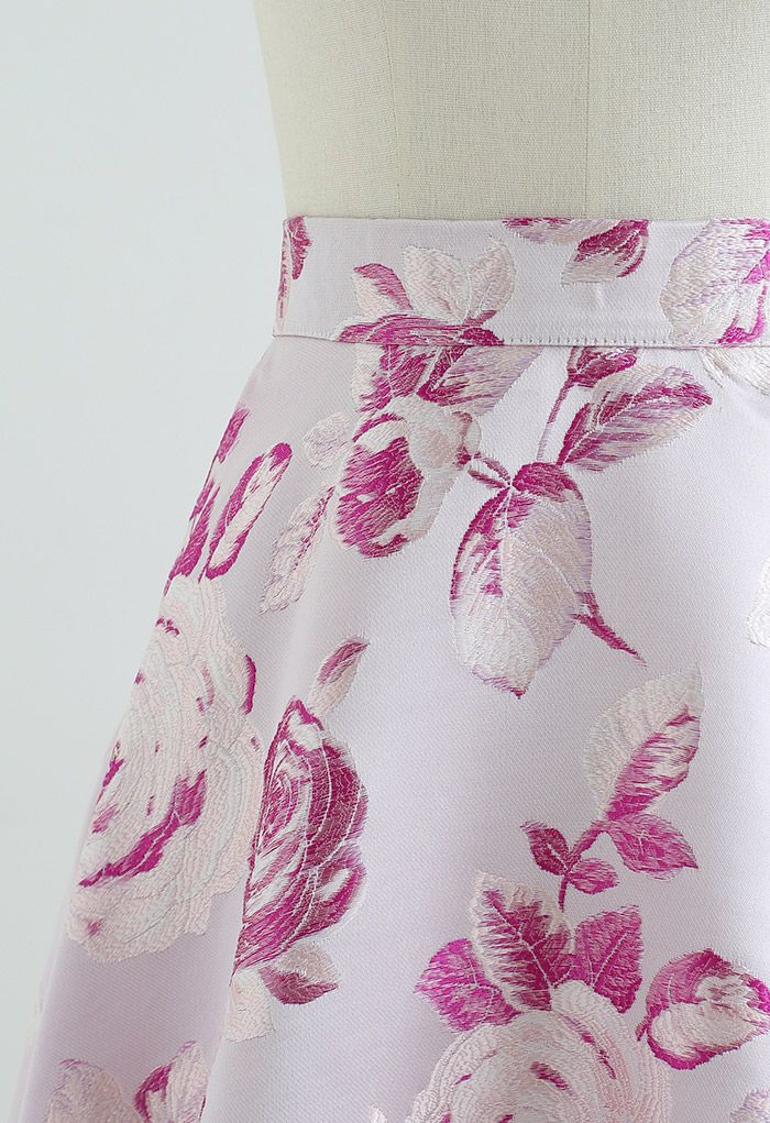 Exuberant Pink Rose Jacquard Flare Skirt - Retro, Indie and Unique Fashion