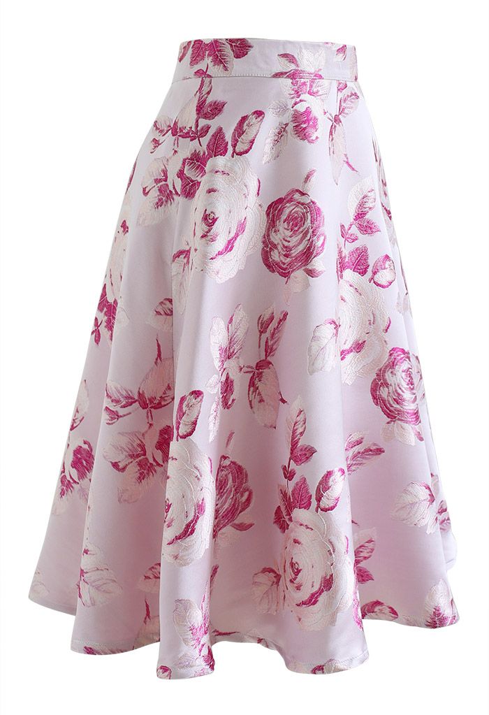 Exuberant Pink Rose Jacquard Flare Skirt