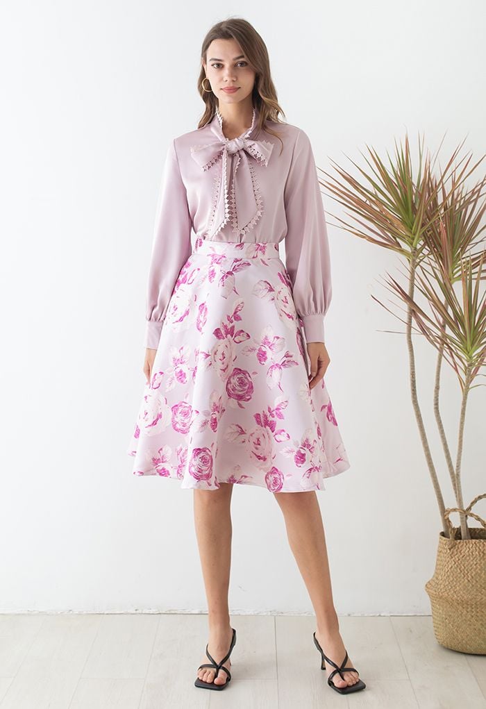 Exuberant Pink Rose Jacquard Flare Skirt