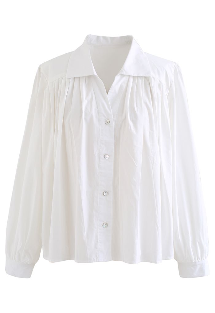 Pleated Front Button Down White Shirt - Retro, Indie and Unique Fashion