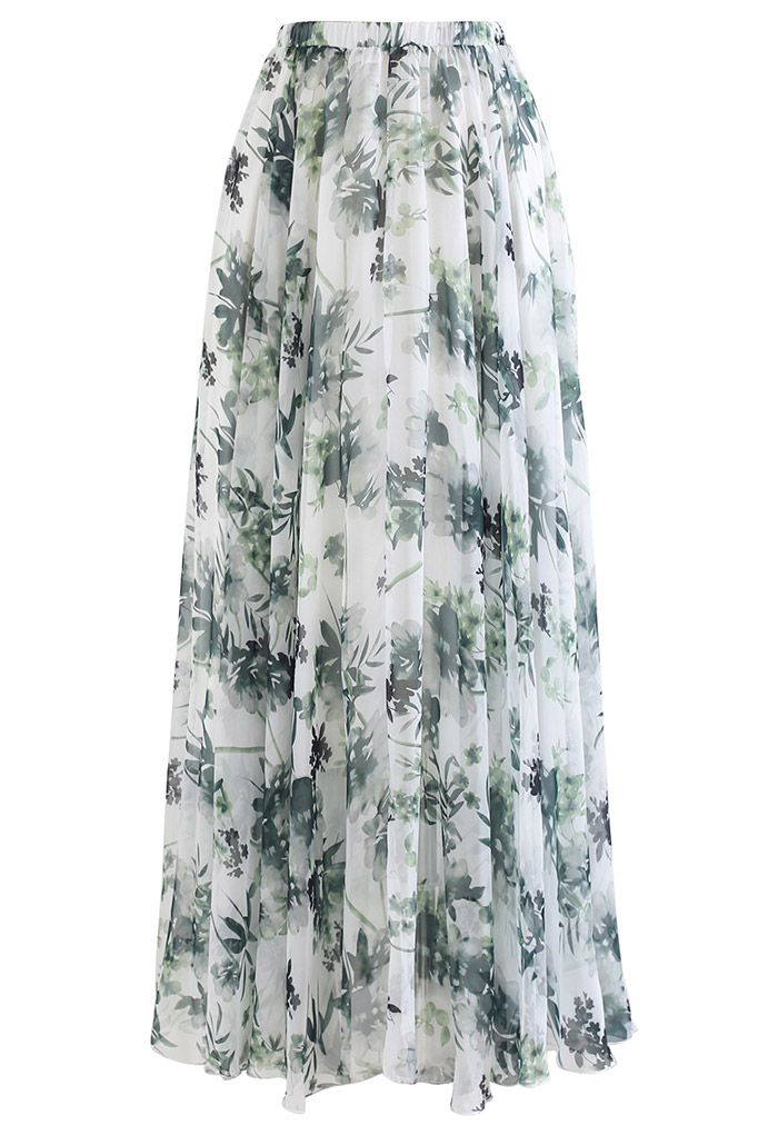 Greenish Watercolor Chiffon Maxi Skirt