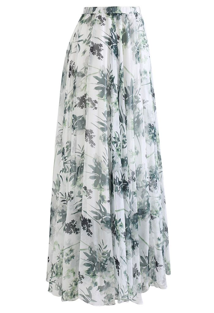 Greenish Watercolor Chiffon Maxi Skirt