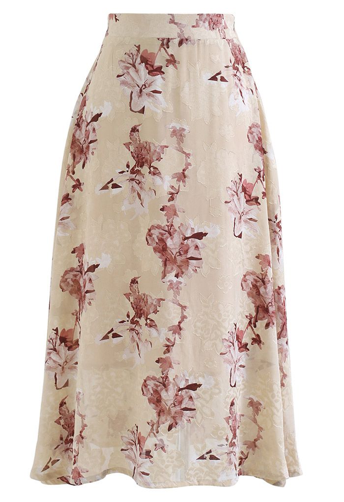 Jacquard Flower Flare Hem Chiffon Midi Skirt