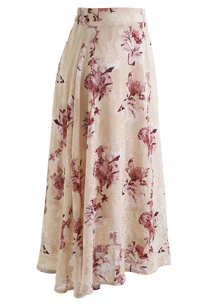 Jacquard Flower Flare Hem Chiffon Midi Skirt