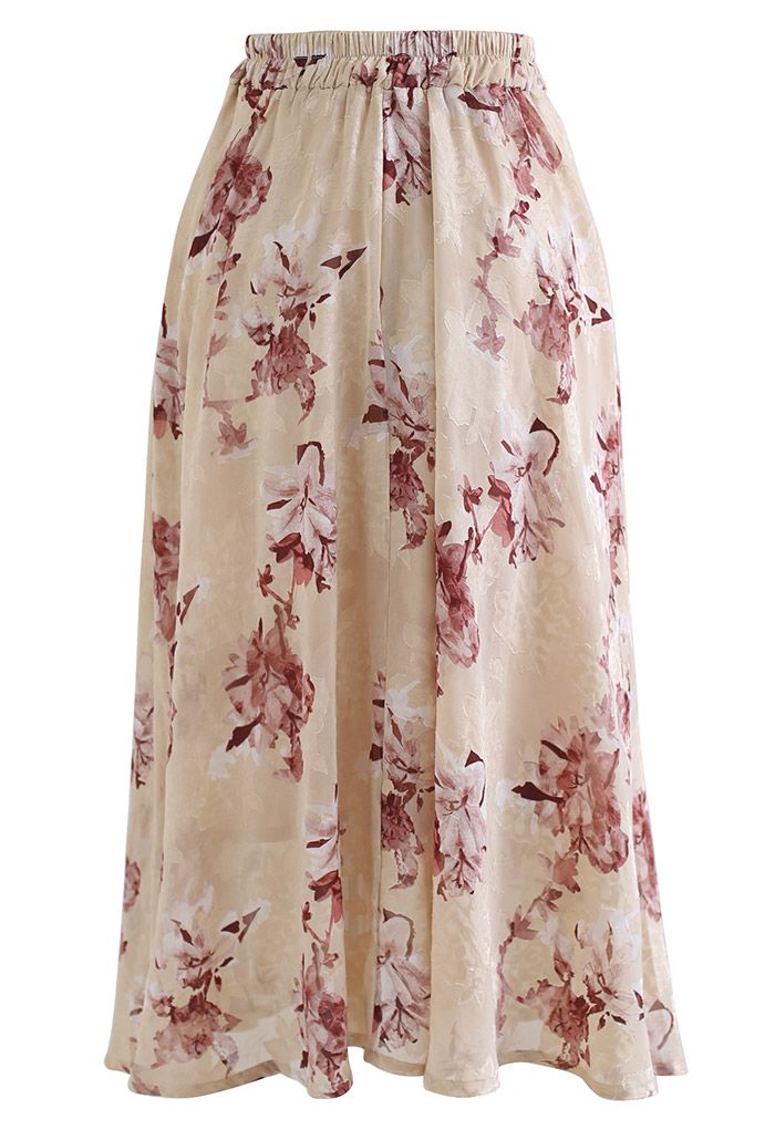 Jacquard Flower Flare Hem Chiffon Midi Skirt