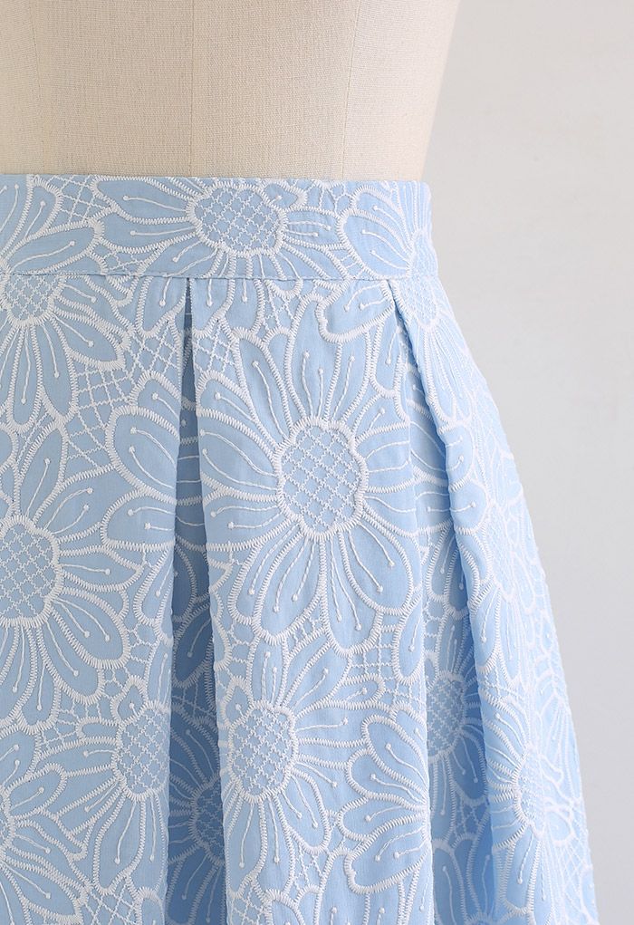 Embroidered Sunflower Pleated Midi Skirt in Light Blue