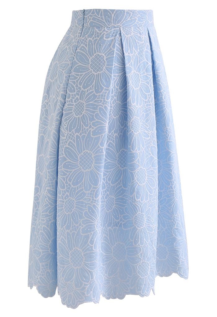 Embroidered Sunflower Pleated Midi Skirt in Light Blue