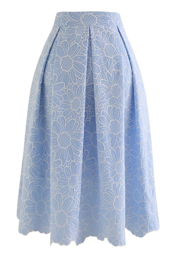 Embroidered Sunflower Pleated Midi Skirt in Light Blue