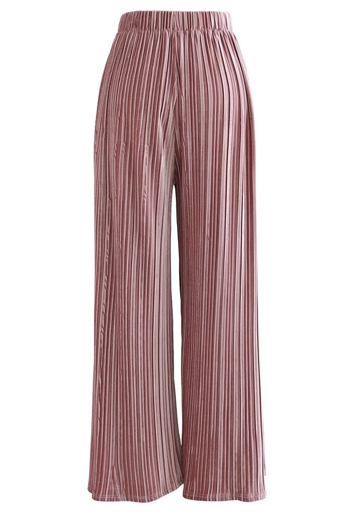 Wide-Leg Pleated Velvet Pants in Pink