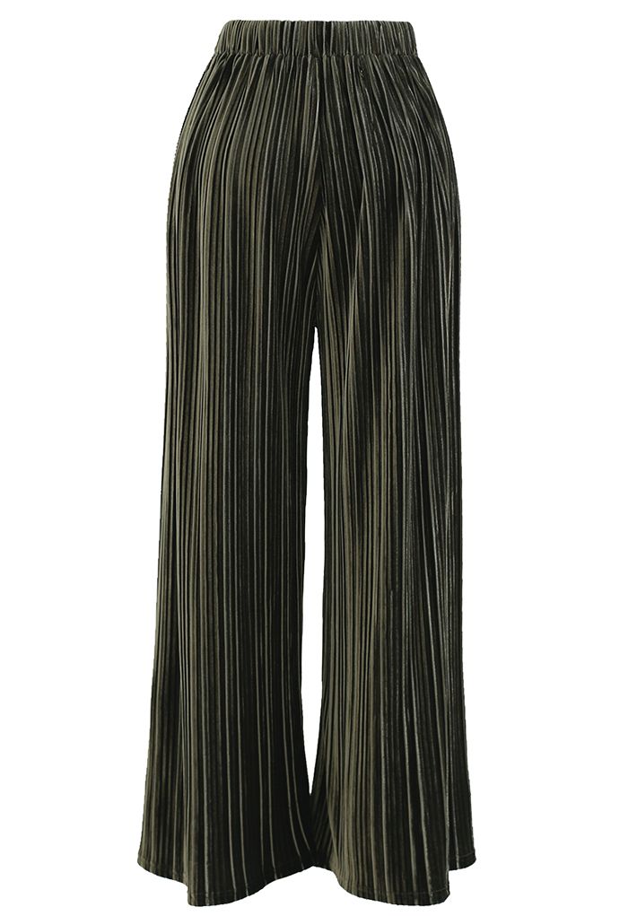 Wide-Leg Pleated Velvet Pants in Moss Green