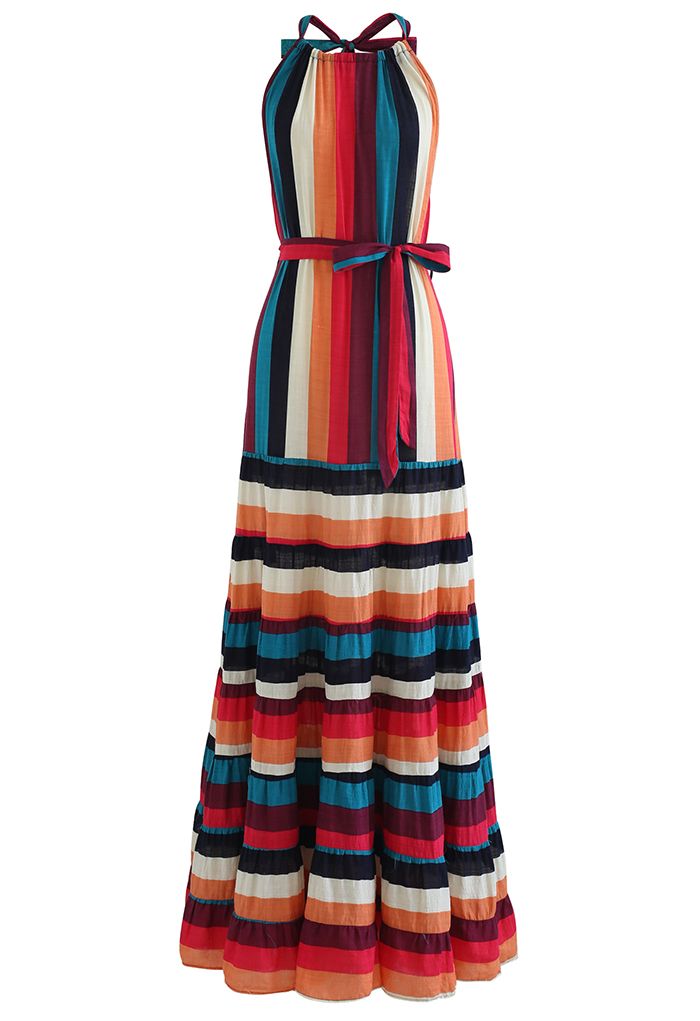 Colorful Stripe Open Back Halter Neck Maxi Dress