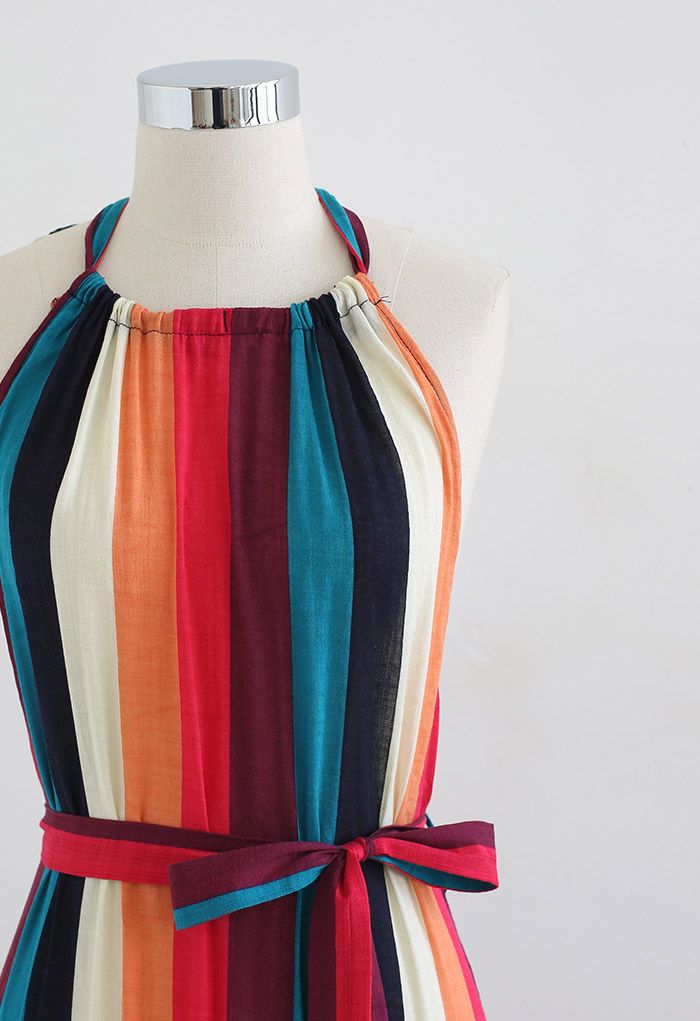 Colorful Stripe Open Back Halter Neck Maxi Dress