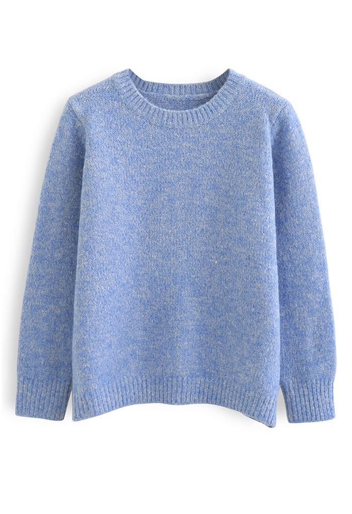 Round Neck Comfy Knit Sweater in Blue