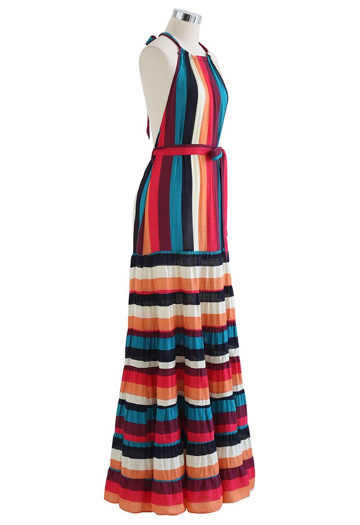 Colorful Stripe Open Back Halter Neck Maxi Dress