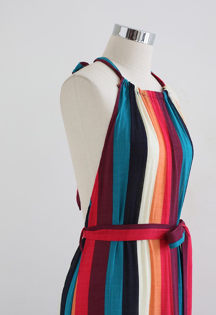 Colorful Stripe Open Back Halter Neck Maxi Dress