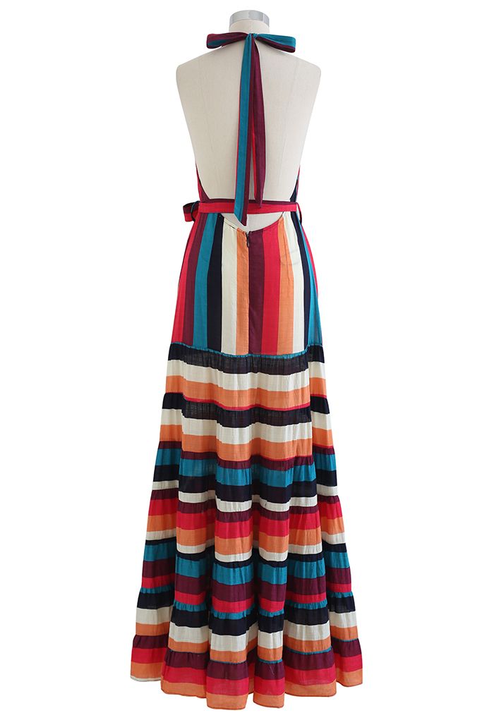 Colorful Stripe Open Back Halter Neck Maxi Dress