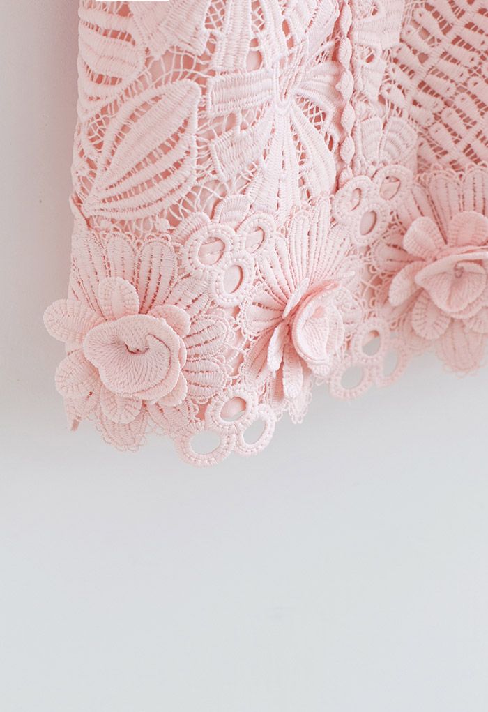 Light Pink Short-Sleeve Floral Crochet Top