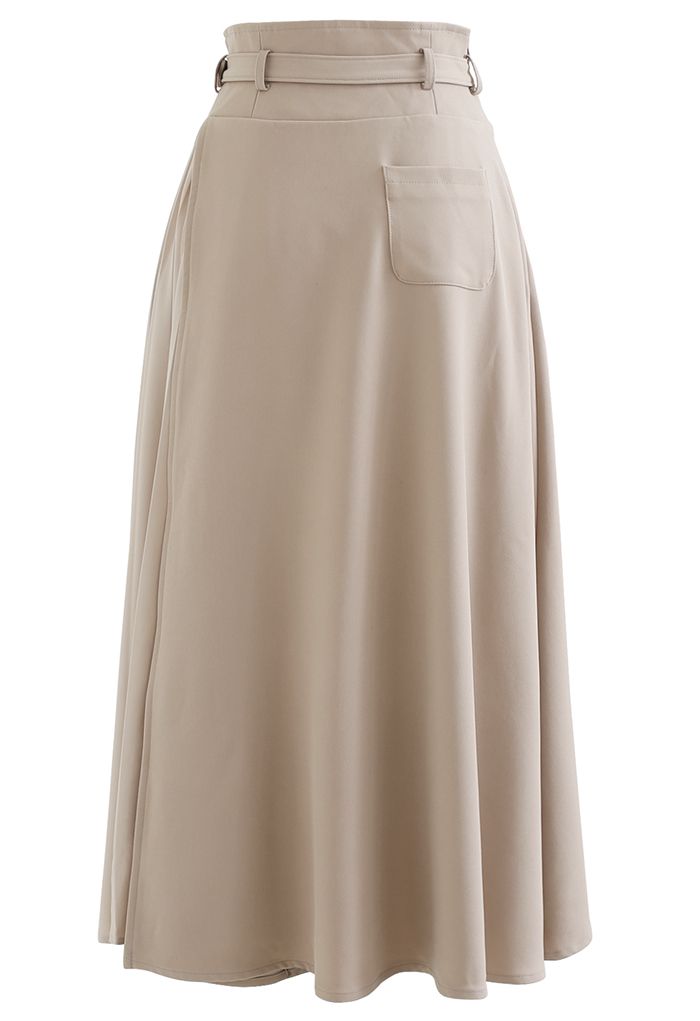 Back Pocket Belted Flap Pleated Skirt