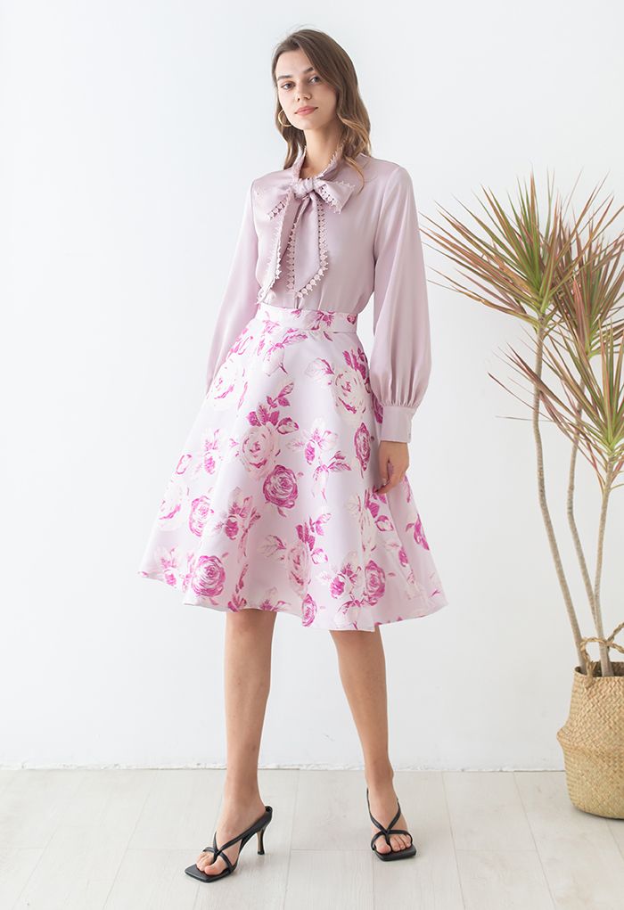 Exuberant Pink Rose Jacquard Flare Skirt