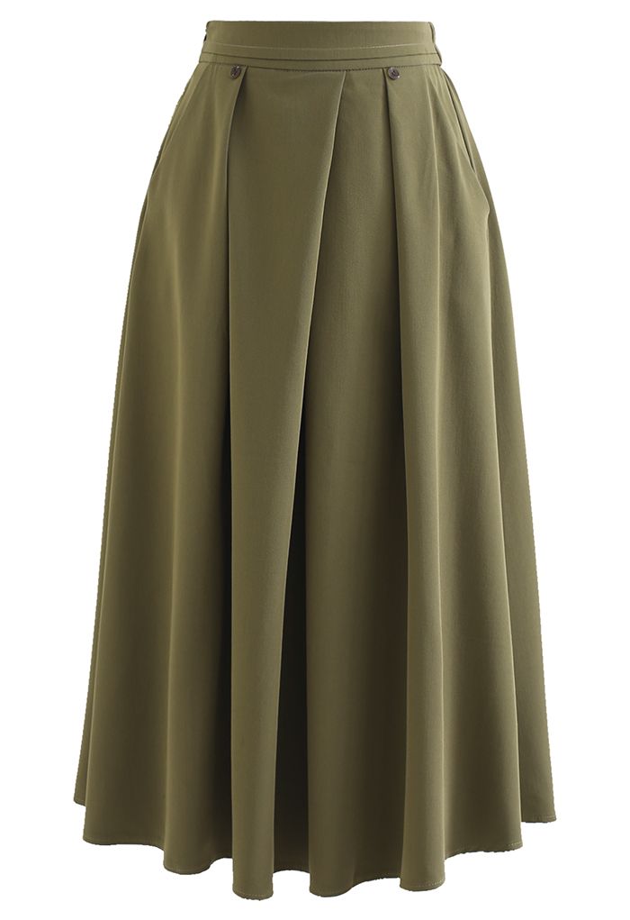 Side Pocket Pleated Skirt in Olive - Retro, Indie and Unique Fashion