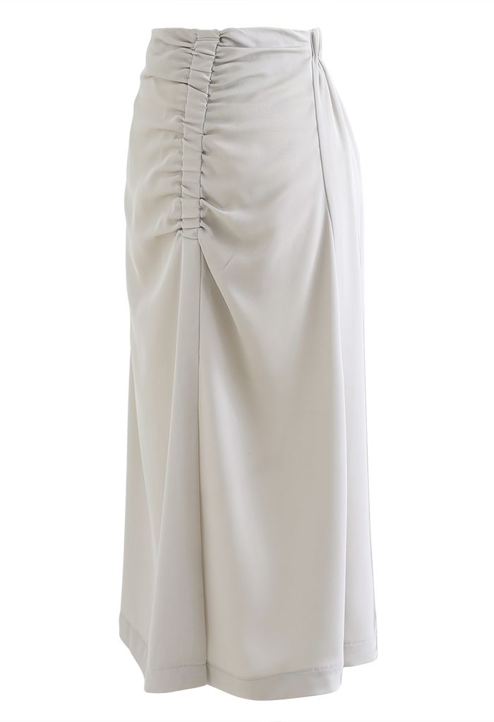 Front Split Stretchy Ruching Midi Skirt in Sand - Retro, Indie and ...