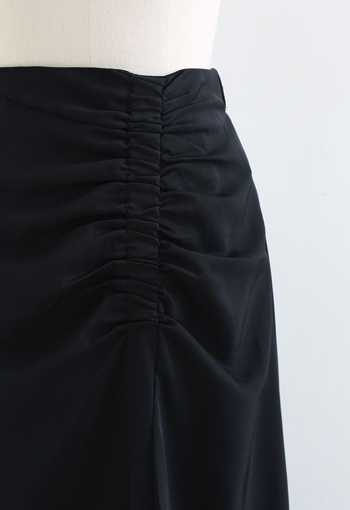 Front Split Stretchy Ruching Midi Skirt in Black - Retro, Indie and ...