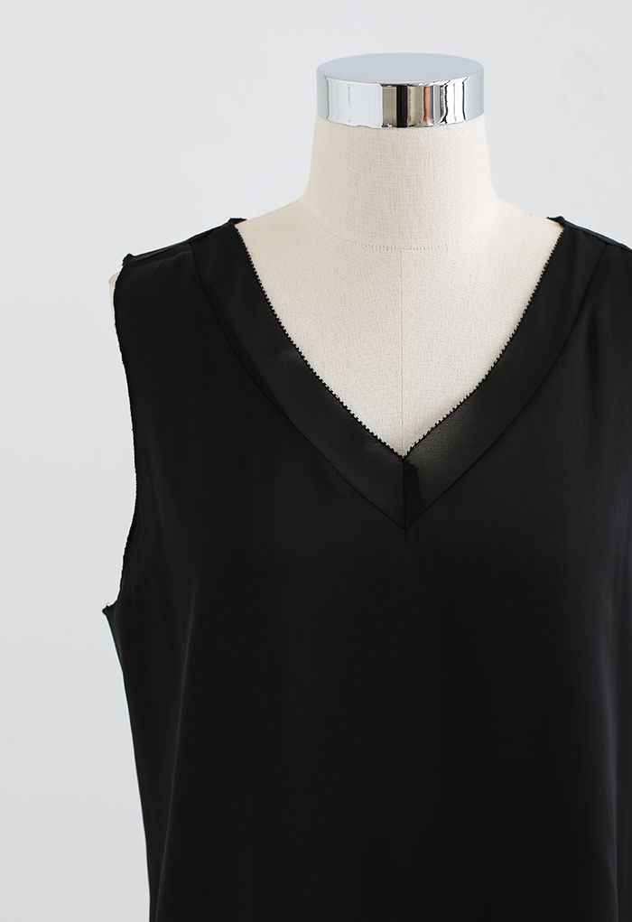 V-Neck Sleeveless Satin Tank Top in Black