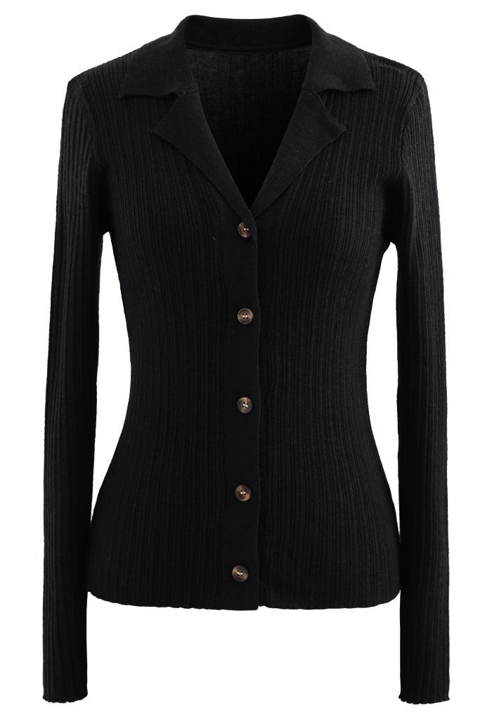 Collared V-Neck Fitted Knit Top in Black