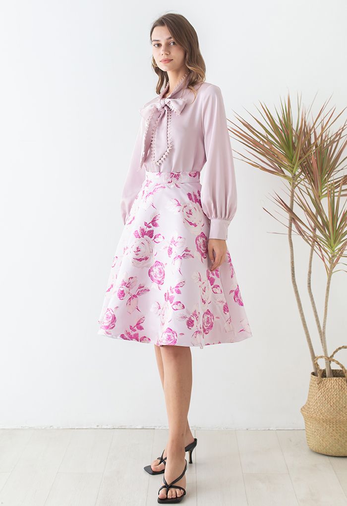 Exuberant Pink Rose Jacquard Flare Skirt